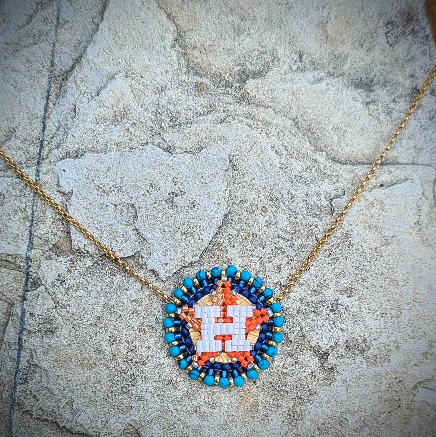 Houston Star on 14kt gold filled rollo chain w/ round beaded frame, sleeping beauty turquoise adjustable 15.5-17.5 inches