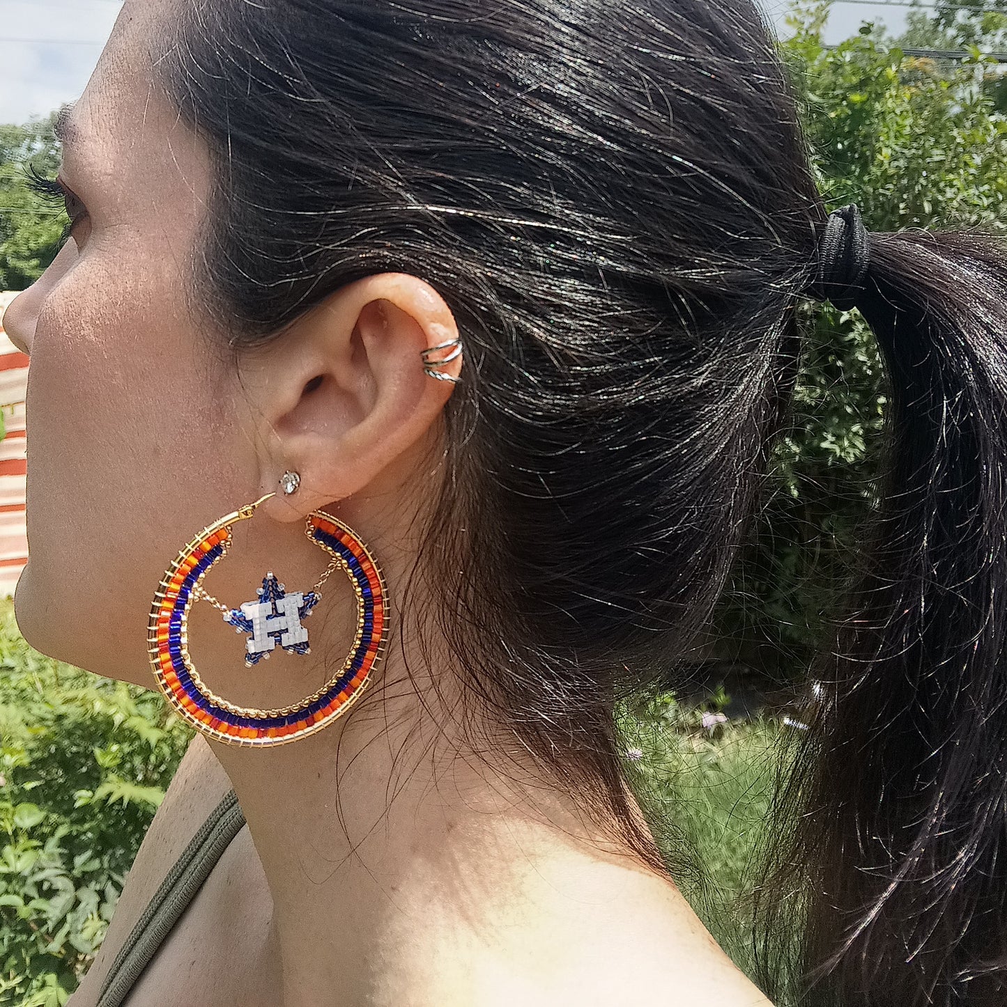 Large (50mm) Houston Swinging Star Gold Hoops - Dark Blue Star with vintage color pattern